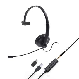 Project Telecom Monaural USB Headset with Microphone – USB-A & USB-C, Noise Cancelling Mic, Inline Volume & Mute Controls, Acoustic Shock Protection – Zoom, Teams, Skype, PC, Laptop