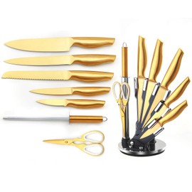 Gold Knife Set，8Pcs Gold Titanium-Coated Dishwasher Safe Kitchen Knife Block Set Stainless Steel with Ergonomical Handle