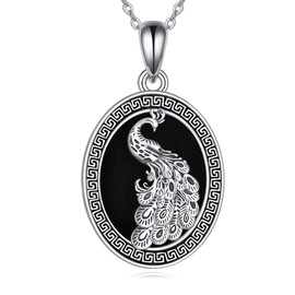 YAFEINI Peacock Necklace Sterling Silver Black Onyx Peacock Pendant Necklace Peacock Feather Jewelry Gifts for Women