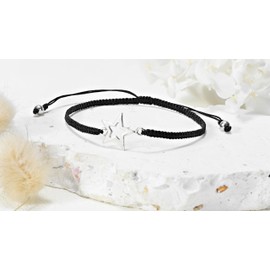 AeraVida Cute Trendy Rising Star Cut Sterling Silver Charm Black Fancy Rope Adjustable Bracelet for Men&Women