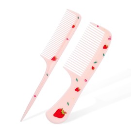 Cute Hair Comb Set Pink Strawberry Baby Comb Fine Tooth Rat Tail Combs For Toddler Girls Portable Anti-Static Plastic Mini Kids Hairdressing Combs Gift For Wet And Dry All Hair Types(Pink)
