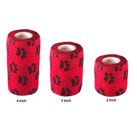 Vet Wrap Wrap Tape (Red with Paws) (2 Pack) (4 Inch x 15 feet) Self Adhesive Adherent Adhering Cohesive Flex Self Stick Bandage Grip Roll Dog Cat Pet Horse