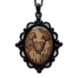 Moon Maiden Jewelry Large Black Framed Conjoined/Siamese Twin Skeleton Cameo Pendant