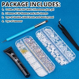 Nail Art Rhinestone Glue Gel&2 Boxes 3D Charms Accessories Kit 4, 1 Pc of 15ml Rhinestone Glue(UV/LED Needed)+3D Flowers Nail Decors Gems Crystal Pearls Bow Beads with Dual-End Brush Tool And Tweezer