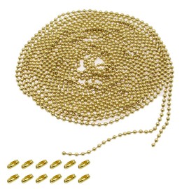 BokWin Pull Chain Extension, 5m/16 Feet Brass Fan Chain Extender with Solid Connectors, 6 Size 3.2mm Ball Chain, Adjustable Ceiling Fan Pull Chain with 12 Free Matching Connectors - Golden