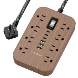 Walnut Power Strip with USB Ports - 5 FT Wood Power Strip, 1625W Decorative Extension Cord with 6 AC Outlet 3 USB, for Brown Tan Wood Walnut Grain Aesthetic Vintage Rustic Desk Accessories Decor