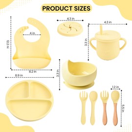 Silicone Baby Feeding Set 12 Pcs,Baby Led Weaning Supplies, Baby Spoons Suction Bowl Divided Plate Bib (Yellow)