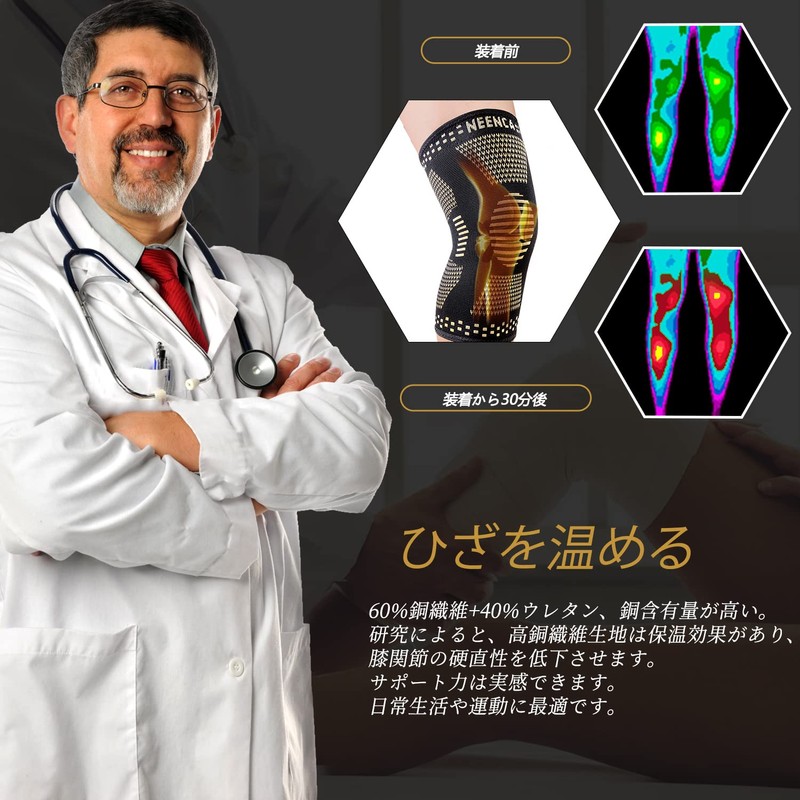 NEENCA 膝サポーター 2枚セット 銅繊維 スポーツ用 ひざ保護 膝安定 通気性 バドミントン/バスケ/バレーボール/ゴルフ/テニス/サッカー/ランニング スポーツ全般