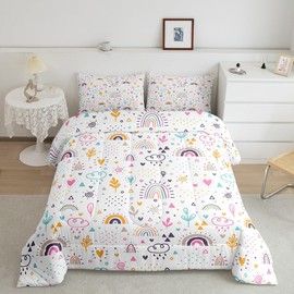 Child Boho Rainbow Comforter Set Twin Size Kids Girls Floral Leaves Bedding Set 2pcs Cartoon Pink Blue Cloud Dots Quilt Set Teens Women Room Decor Botanical Bright Duvet Insert,1 Pillowcase