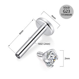 GAGABODY G23 Titanium 16G 2mm CZ Internally Threaded Labret Helix Cartilage Tragus Monroe Lip Studs Earring Piercing 6mm Labret Studs 16g Silver