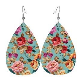 MIOAOSRT Red Pink Orange Rose Earrings for Women,Colorful Flowers with Leaves Leather Earrings Dangle Lightweight Teardrop Earrings Jewelry for Women