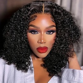 Curly BOB Wig Human Hair 220 Density 13x4 HD Lace Front Deep Wave Wigs for Black Women Glueless Wear and Go Pre Plucked Deep Wave Wet and Wavy Glueless Wigs Human Hair Natural Black 10 Inch