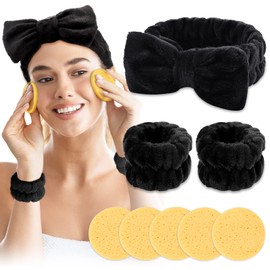 WHAVEL 3PCS Spa Headband and Wristband Set, Face Wash Headband Facial Skincare Headbands Makeup Hair Band Wrist Towels Wrist Bands for Washing Face, with 5PCS Facial Sponges (Black)