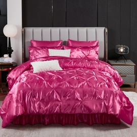 Bedbay Satin King Size Comforter Set 10 Pcs,Bed in a Bag King,Pinch Pleat Bedding Set,Home Decor,Hot Pink Pintuck Luxury Bed Comforter Set,Soft Silky Down Alternative Comforter Bed Set for All Seasons