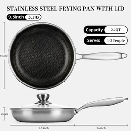 CADIVIZZO Stainless Steel Frying Pan with Lid - 9.5 Inch Nonstick Frying Pan with Lid, Honeycomb Stainless Steel Skillet Omelet Chef's Pan with Stay Cool Handle, Induction Compatible, PFOA Free