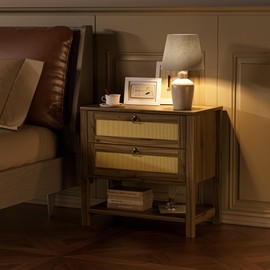 GRUSIGN Nightstand with Drawers and Storage Shelf - Large Night Stands Rattan Decor Boho Bedside Table Narrow Side Table for Bedroom, Carbon Cherry