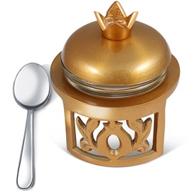 Elegant Rosh Hashanah Honey Jar with Spoon Decorated with a Pomegranate Design Satin Gold and Glass Honey Dish for Jewish New Years by Zion Judaica