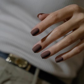 KQueenest 48 Pcs Acrylic Press on Nails - Short Square, Matte Dark Brown, Neutral Gel Glue, Stick on - Women's Fall Winter Finger Decoration