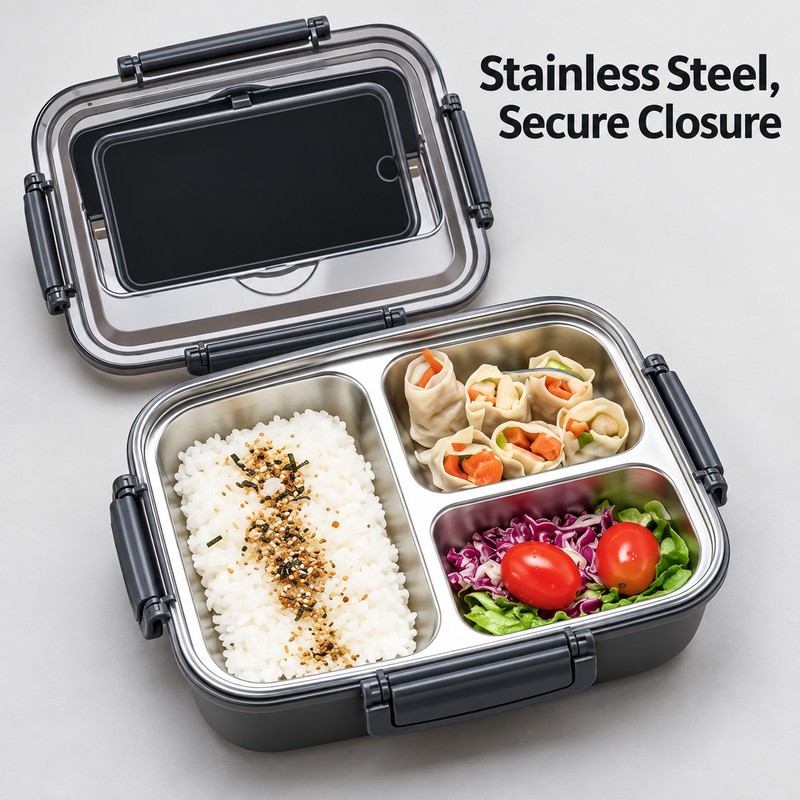 3-Compartment Stainless Steel Bento Lunch Box – Leak-Resistant Reusable Meal