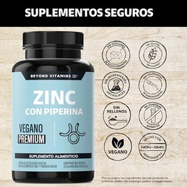 Beyond Vitamins | Zinc 20mg (Gluconato de Zinc) Potenciado con Piperina Estandarizada al 95%, Apto para dietas Veganas, Premium (180 Cápsulas)