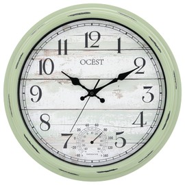 OCEST 16 Inch Indoor Outdoor Clock, Waterproof Large Wall Clock with Thermometer, Silent Non-Ticking Battery Operated Decor for Patio Pool Porch Garden Garage（Retro Green）
