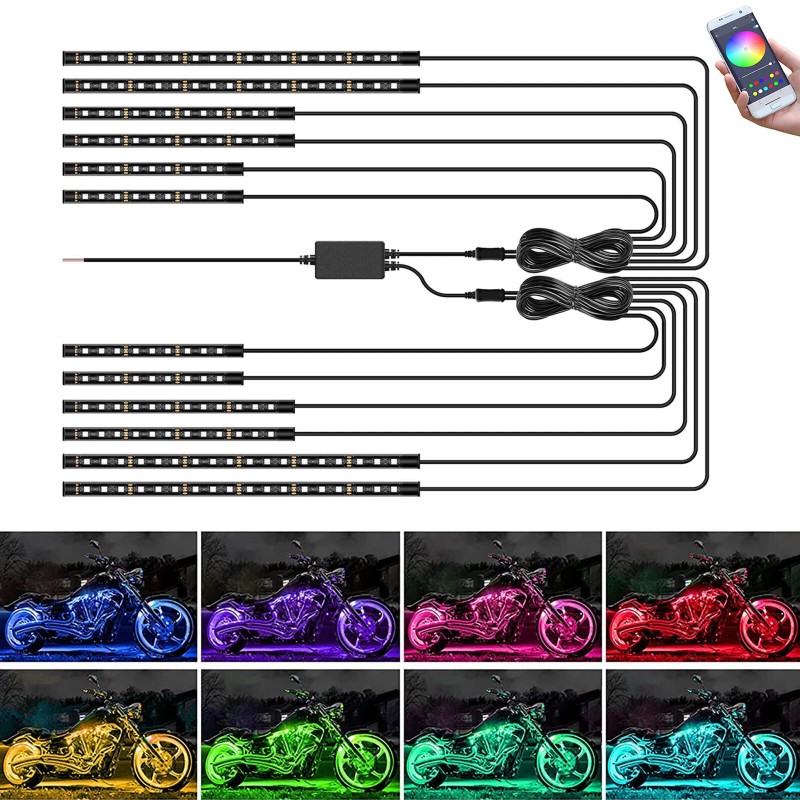 XUKEY 12Pc Motorcycle RGB LED Neon Under Glow Light Strip