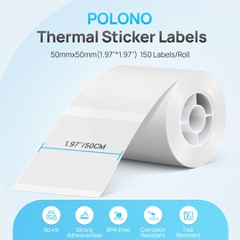 POLONO Thermal Labels for PM220S Label Maker, 1.97"x1.97" (50x50mm), Multi-Purpose Thermal Sticker Label Tape, Self-Adhesive Thermal Paper for Home, Office, 150 Labels/1Roll, Clear