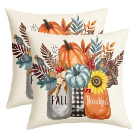 Thankful Fall Pillow Covers 18x18 Inch Blue Orange Pumpkin Flower Throw Pillows for Couch Farmhouse Soft Cushion Covers Pillowcase Autumn Harvest Floral Pillow Cases for Bed Patio Outdoor Decor Set 2