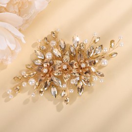 Teyglen Bridal Champagne Rhinestone Hair Clips Crystal Wedding Hair Barrettes Flower Bride Wedding Hair Clips Bridal Crystal Pearl Hair Piece Hair Accessory for Women (Champagne)