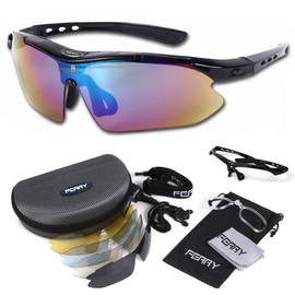 FERRY Polarized Lens Sports Sunglasses, Full Set with 5 Exclusive Replacement Lenses, Unisex, Black