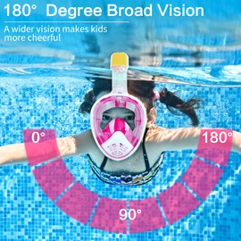 mizikuu Kids Full Face Snorkel Mask, 180° View Snorkelling Gear with Panoramic Full Face Design Kids Snorkel Mask Anti-Fog Anti-Leak Dry Top Diving Mask Snorkeling Gear for Kids Snorkeling Set (Pink)