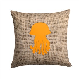 Caroline's Treasures BB1091-BL-OR-PW1414 Jellyfish Burlap and Orange BB1091 Fabric Decorative Pillow Machine Washable, Indoor Outdoor Decorative Pillow for Couch, Bed or Patio, 14Hx14W