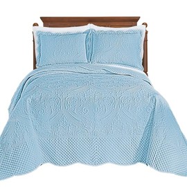 Collections Etc Luxe Textured Diamond Design Scalloped Edge Oversize Bedspread Blue Queen