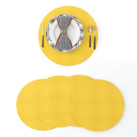 NATUS WEAVER Set of 4 Handmade Round Placemat 15 Inch Soft Linen eco-Friendly Fabric Handcrafted Machine Washable Indoor & Outdoor Tablemat Yellow