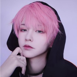 Happykoko Men's Full Wig, Pink Wig, Twink Short, Short Hair, Straight, Small Face, Artificial Scalp, Natural, Heat Resistant, Men's Clothing, Wig, Net Included, Pink