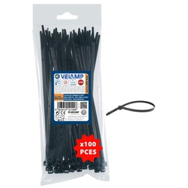 VELAMP - Fascette Stringicavo Nere 2,5x200mm, 100 Pz - Fascette Plastica Stringitubo Adatte a Cablaggi Elettrici e Lavori Fai da Te, Resistenti a Rottura, UV e Temperature - Diametro Legatura Max 53mm