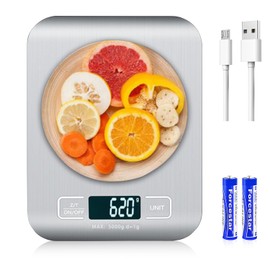 JUGLUTE Báscula Digital de Cocina USB Recargable, Báscula de Cocina de Acero Inoxidable de 5kg/11lb con Pantalla LCD, Función de Tara, Balanza de Alimentos Multifuncional para Cocina