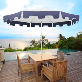 JONATHAN Y UMB1000A Baiona 9 ft. Classic MidCentury Market Patio Umbrella with UV Protection, Auto-Tilt, Crank and Wind Vent in White/Navy