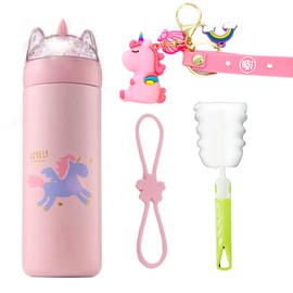 Unicorn Kid Water Bottle for School with Lid Sparkling Glitter Pony Bottle Stainless Steel Cup Vacuum Bottle Girl Birthday Gift (B pink unicorn, 330ml)