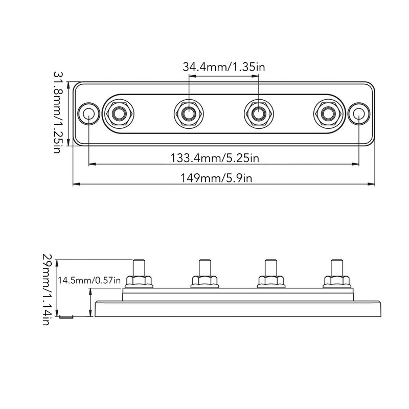 4 Stud Power Distribution Block, 3/16in Bus Bar Junction Block