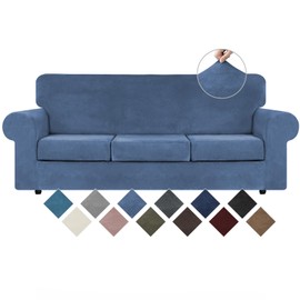 WEERRW Velvet Plush Fabric 4 Pieces Sofa Covers for 3 Cushion Couch with Elastic Bottom Straps in Light Blue