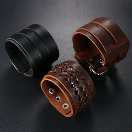 Oidea 3pcs Adjustable Size Mens Gothic Cool Leather Bangle Cuff Wristband Bracelet,fit for 7 to 9 Inch