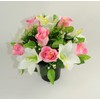 Artificial Grave Flower Arrangement with Pink Roses and White Lilies