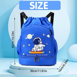 YOUYIKE Children's Swimming Bag, Waterproof Backpack with Bottom Compartment, Sports Bag with Drawstring, Children's Gym Bag for Girls and Boys, Astronaut Royal Blue