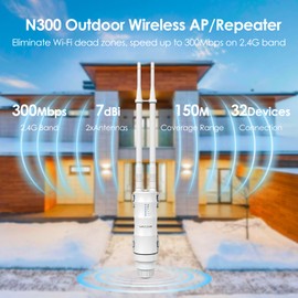 N300 Outdoor WiFi Extender Signal Booster, WAVLINK Access Point/Repeater/Range Extender with Passive PoE, 15KV ESD, 4KV Lightning Protection, Support AP/Repeater/Router Mode for Farm,Yard