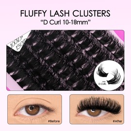 SOFENIDA Lash Clusters Kit Fluffy Eyelash Clusters 100D+150D Thick Volume Cluster Eyelash Extensions D Curl Cluster Lashes 10-18mm Wispy DIY Lash Extension Kit(100D+150D-10-18MIX Thick Kit)