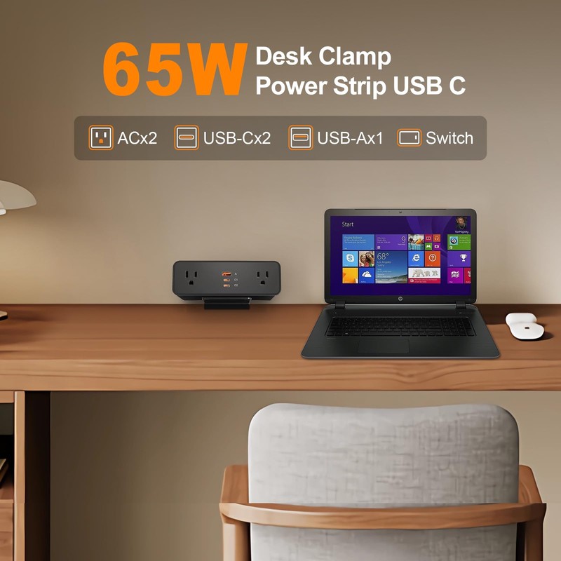 Desk Clamp Power Strip USB C 65W, Desktop Edge Mount