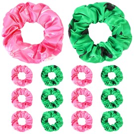 12pcs Pink and Green Hair Scrunchie Elastic No Tangle Satin Hair Ties Accessories for Girls Curly,Thick,Thin Hair,Pony Tails Scrunchies for Witch and Princess Theme Party Favors