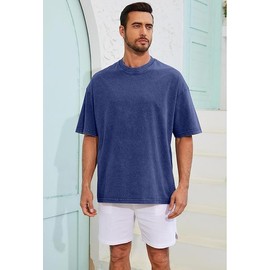 OSACOD Men Oversized T Shirts Cotton Tee Vintage Baggy Tops Unisex Wash Short Sleeves Casual Loose Streetwear Tops(Blue-L)