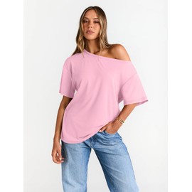 Trendy Queen Womens Off The Shoulder Tops Oversized T-Shirts Short Sleeve Tees Summer 2025 Casual Spring Fashion Clothes Pink M